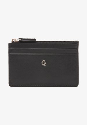 Black leather cardholder with a zip closure, featuring five card slots and a silver logo accent in the center. Smooth texture.