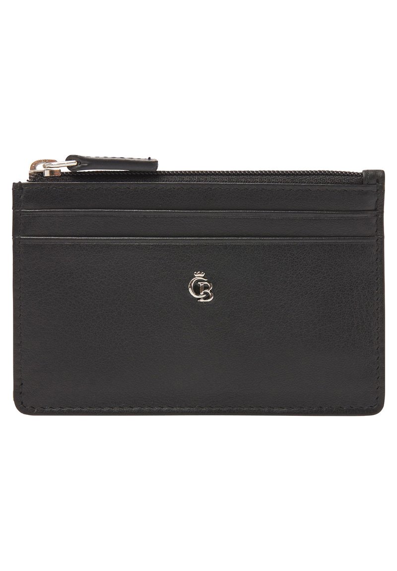 Zwart leren kaartHoudertje met een ritssluiting, voorzien van vijf kaartsleuven en een zilveren logoaccent in het midden. Glad textuur.