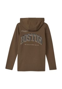 Brauner Hoodie mit einem großen "BOSTON"-Grafik in Weiß und Schwarz sowie Text darunter. Mit einer Kängurutasche und verstellbarem Kapuzen.