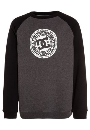 Felpa girocollo grigio scuro con maniche nere e un logo DC Shoes bianco circolare al centro del petto.