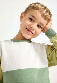 Zielony i biały sweter z kolorowymi blokami, o okrągłym dekolcie i ściągaczami, wykonany z miękkiej bawełnianej tkaniny.