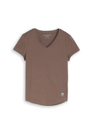 Braunes T-Shirt mit V-Ausschnitt und kurzen Ärmeln, mit kleinem hellblauem Erdbeer-Logo nahe dem Saum, Größe M, reguläre Passform.