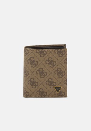 Brown patterned wallet featuring a logo, with a textured finish and a folded design. Notable detail: triangular hardware accent.