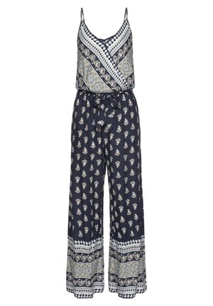 Combinaison sans manches bleu marine avec motifs floraux et géométriques, haut cache-cœur, ceinture ajustable à la taille et pantalons à jambes larges.