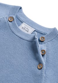 Helles blauer Strickpullover mit einem strukturierten Muster, ausgestattet mit einem Rundhalsausschnitt, drei Holzknöpfen und einem textilen Etikett.