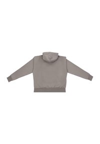Grauer Kapuzenpullover mit langen Ärmeln, gerippten Bündchen und Saum, der eine glatte Oberfläche und einen lockeren Schnitt aufweist.