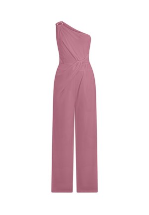 Mauve gekleurde jumpsuit met één schouder, wijde pijpen en een geplooid gedraaid detail in de taille.