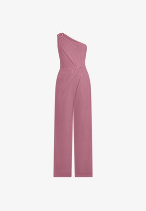 Mauve gekleurde jumpsuit met één schouder, wijde pijpen en een geplooid gedraaid detail in de taille.