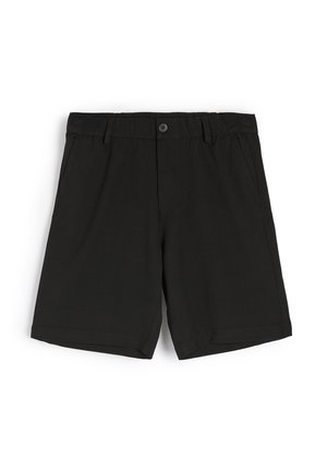 Czarne szorty wykonane z gładkiego materiału, z zapięciem na guzik, kieszeniami wszytymi oraz prostym krojem nogawki. Brak widocznych wzorów lub akcentów.