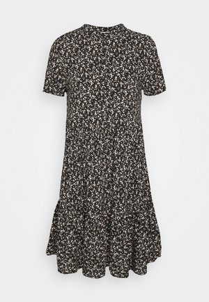 Black short-sleeve floral dress with small white and beige flowers, knee-length, round neckline, and flared skirt.