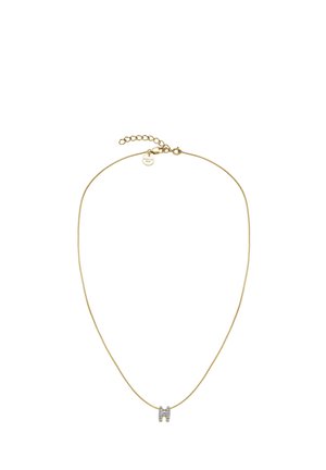 Collana in tono oro con una fine catena e un accento centrale con la lettera "H" incrustata di diamanti. Chiusura regolabile con estensore della catena.