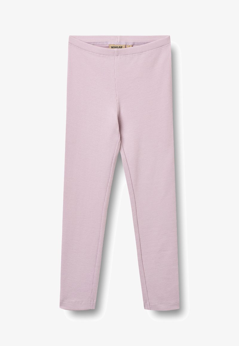 Leggings en maille côtelée rose douce avec une ceinture élastique, présentés à plat sur un fond blanc.
