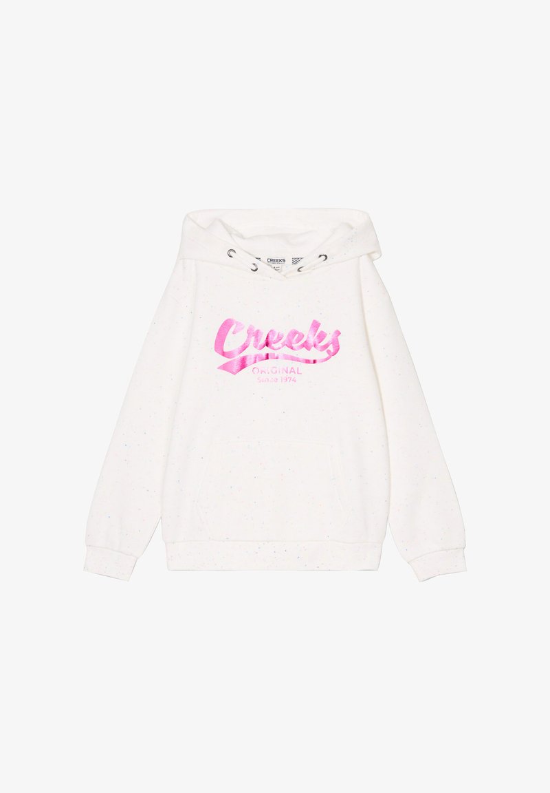 Sudadera blanca con un bolsillo frontal, que presenta un gran gráfico rosa que dice "Creeks Original Desde 1974". Textura suave con motas.