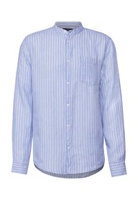 Lichtblauw gestreept shirt van katoen, met een mandarin kraag, lange mouwen, knoopsluiting aan de voorkant en een borstzak aan de linkerkant.