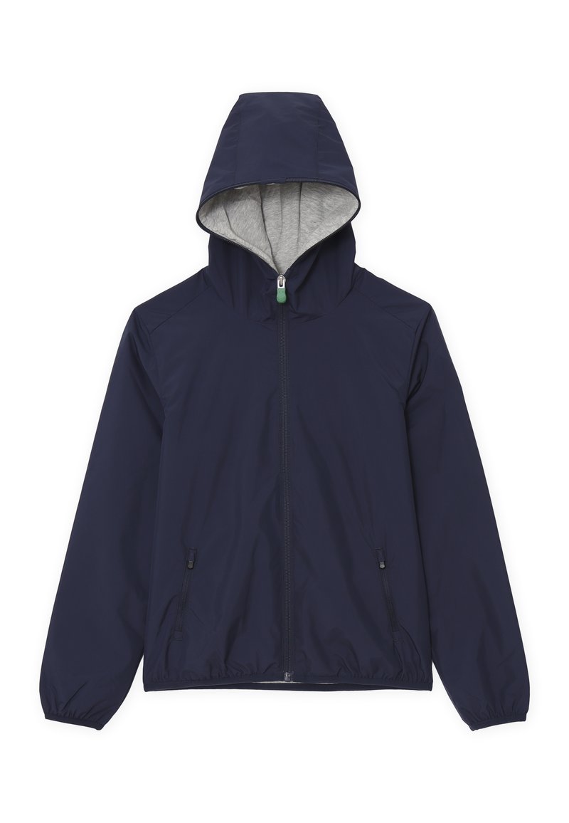 Giacca a vento blu navy con cappuccio, rivestimento interno grigio, zip frontale e due tasche laterali, dotata di polsini e orlo elastici.