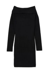Schwarzes, schulterfreies Strickkleid mit langen Ärmeln, glatter Textur, figurbetontem Schnitt und hohem Ausschnitt. Keine sichtbaren Muster oder Hardware.