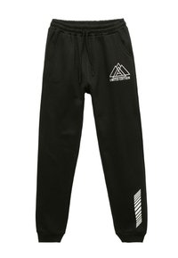 Zwarte sweatpants met een trekkoord in de taille, zijzakken, wit berglogo en een gestreepte accent aan de linkerpijp. Zacht materiaal, taps toelopende pasvorm.