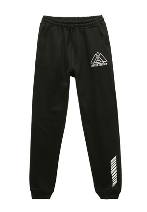 Zwarte sweatpants met een trekkoord in de taille, zijzakken, wit berglogo en een gestreepte accent aan de linkerpijp. Zacht materiaal, taps toelopende pasvorm.