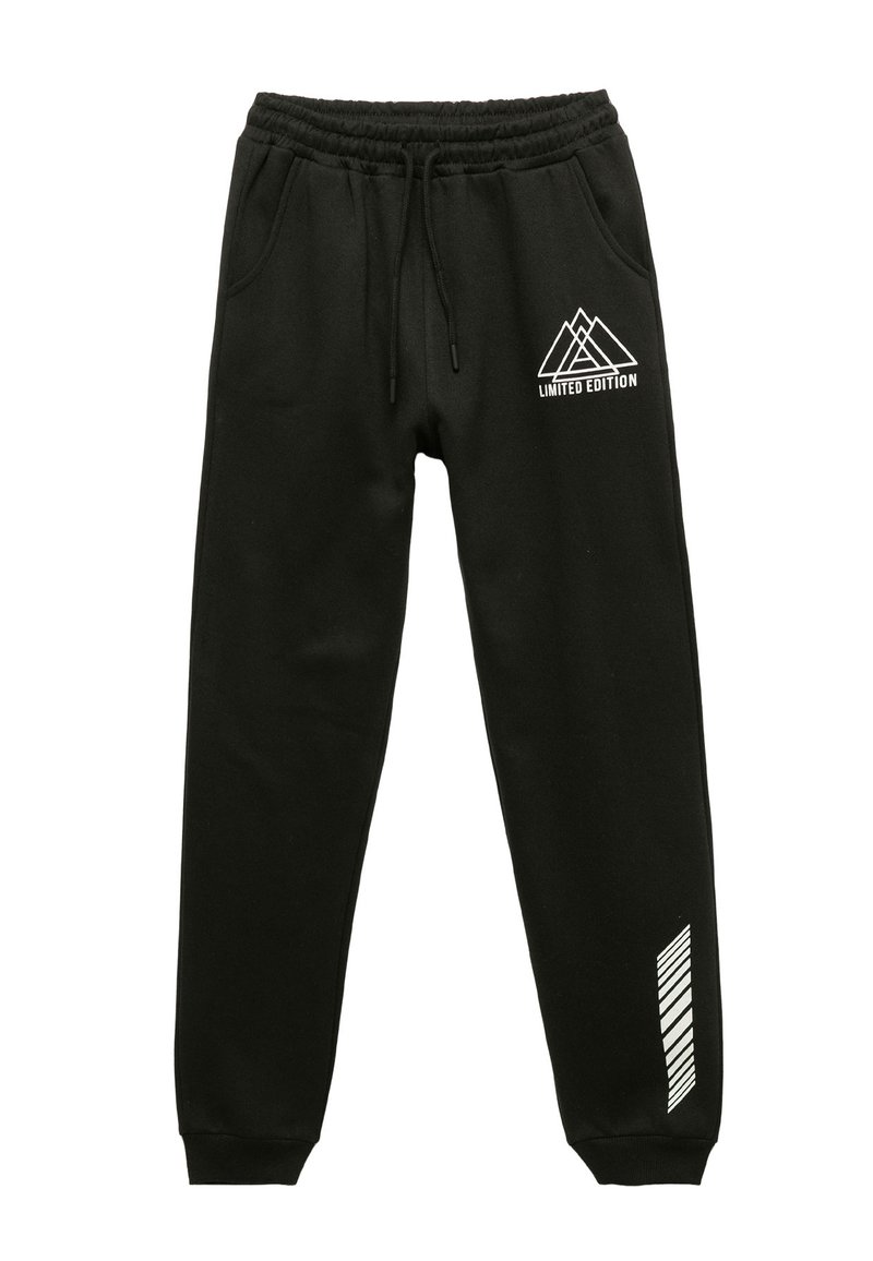 Zwarte sweatpants met een trekkoord in de taille, zijzakken, wit berglogo en een gestreepte accent aan de linkerpijp. Zacht materiaal, taps toelopende pasvorm.