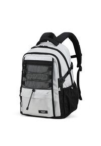 Zaino con una sezione superiore bianca, una sezione inferiore nera, molteplici tasche con cerniera, materiale in nylon e spallacci imbottiti regolabili.