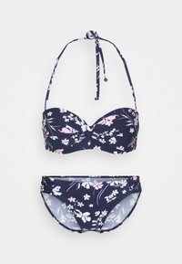 Navy-farbenes Blumenset bestehend aus einem gepolsterten Bandeau-Oberteil mit bindbaren Halterträgern und passenden niedrig geschnittenen Unterteilen, beide mit weißen und rosa Blumenmustern.