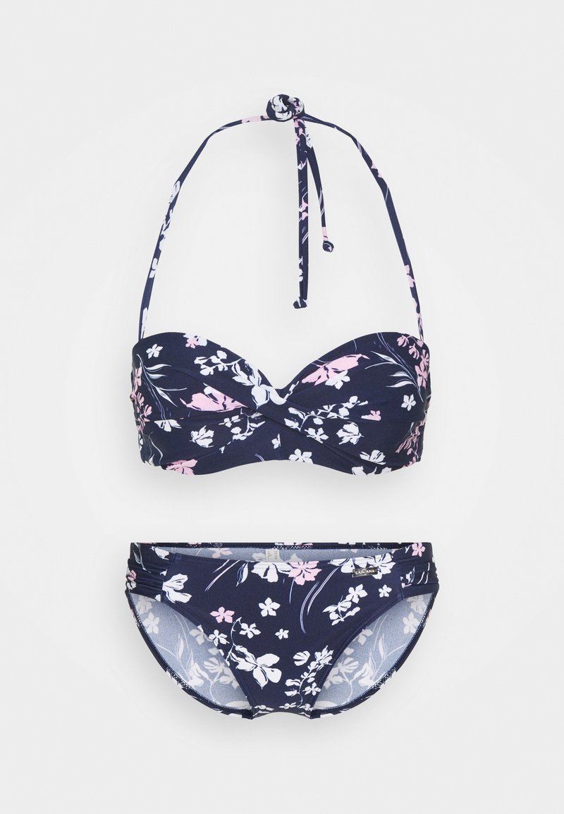 Marine bloemen bikini set met een gevoerde bandeau top met strik halterbandjes en bijpassende low-rise onderkant, beide met witte en roze bloemmotieven.