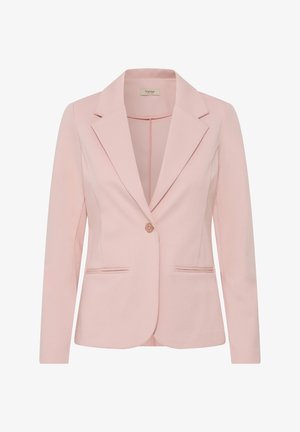 Ühe nupuga helepunane naiste bleiser sälguga kraega ja kahe esise taskuga, valgel taustal.