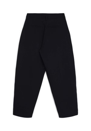 Schwarze, maßgeschneiderte Hosen mit lockerem Schnitt, gestaltet mit zwei Gesäßtaschen und einer glatten Textur. Verkürzte Länge mit verjüngtem Bein.