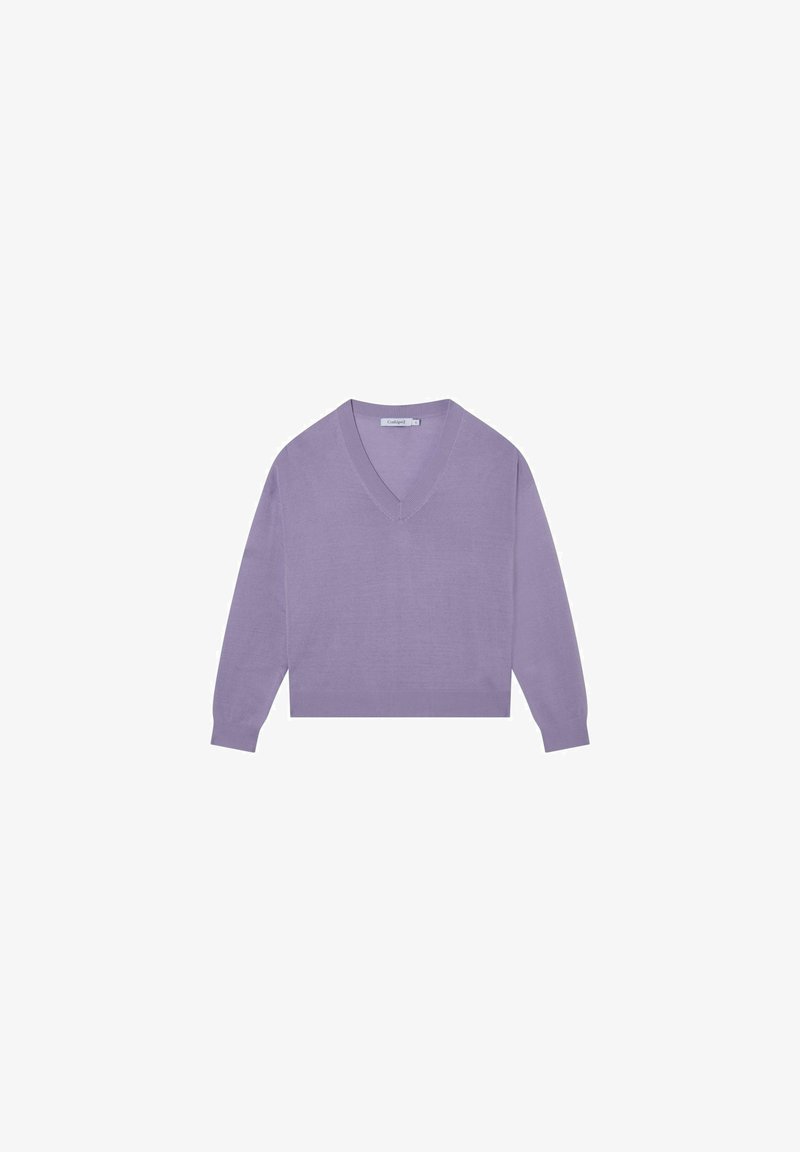 Pull en maille violet lavande à col en V et manches longues, avec poignets et ourlet côtelés, présenté à plat sur fond blanc.