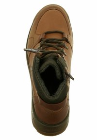 Bottine en cuir marron avec doublure textile foncée, lacets noirs et semelle en caoutchouc grise. Comprend une fermeture éclair et des accents texturés sur la tige.