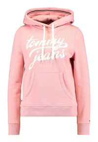 Sudadera rosa de tejido suave, con un bolsillo frontal, logo blanco de "tommy jeans" y puños y dobladillo acanalados. Incluye capucha con cordones.