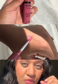 Gloss au beurre NYX dans un tube rose ; le gloss appliqué sur la peau montre une teinte rose douce, et une personne avec un maquillage neutre tenant le tube.