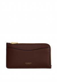 Braune Leder-Kartenetui mit Reißverschluss, mit einer vorderen Einschubtasche und goldener Schrift "Coach New York".