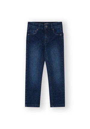 Pantalones vaqueros de mezclilla azul oscuro con bolsillos delanteros, cierre de botones, trabillas para cinturón y corte recto, mostrados planos sobre un fondo blanco.