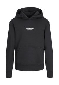Svart hoodie i mjukt tyg med en framficka, dragsnodd på huvan och "Originals Studio"-logotyp tryckt i vitt på bröstet.