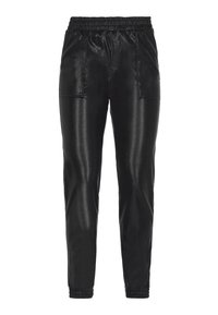 Zwarte, glanzende joggingbroek gemaakt van een gladde stof. Heeft een elastische tailleband en boorden, met twee zijzakken voor opbergruimte.