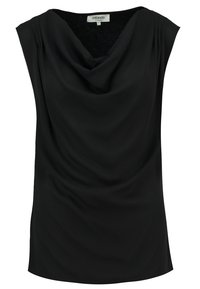 Top sans manches noir avec un col bénitier drapé, en tissu lisse, présentant une texture douce et des fronces aux épaules.