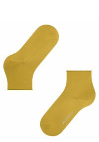 Gelbe Knöchelsocken aus glattem Material, mit einem gerippten Bündchen und nahtloser Zehenpartie. Enthält eine Silbereinfassung mit Markenlogo auf der Sohle.