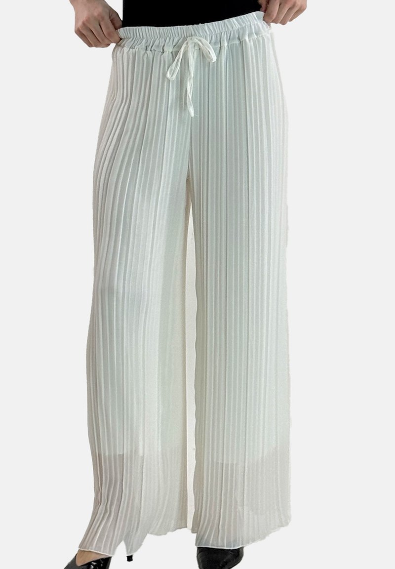 Pleated wide-leg pants in sheer white fabric with a drawstring waist. Features delicate texture and flowing design, suitable for summer wear.