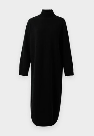 Vestido midi de malha preto, com mangas longas e gola alta, com punhos e barra canelados, exibido sobre um fundo branco liso.