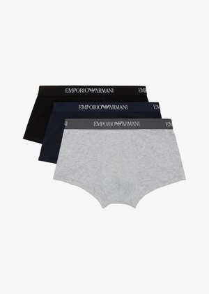 Three pairs of boxer briefs: black, navy, and gray. Made of cotton with elastic waistbands featuring the 'Emporio Armani' logo.