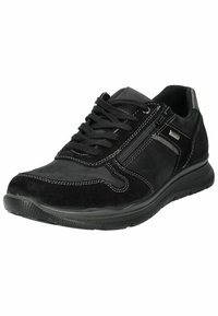 Scarpa da atletica in suede nero con chiusura a lacci, zip laterale, cuciture bianche a contrasto e suola in gomma per una migliore aderenza.