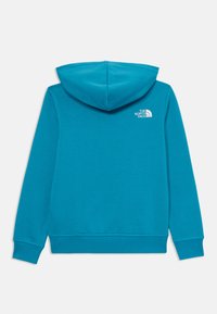 Felpa turchese con una texture morbida, caratterizzata da una cucitura centrale sulla schiena e un piccolo logo bianco sul lato superiore sinistro. Design con cappuccio.