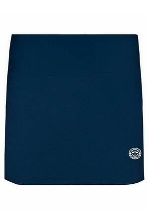 Falda deportiva azul marino con cintura ancha y pequeño logo blanco circular cerca del dobladillo en el lado derecho.