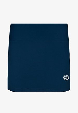 Jupe de sport bleu marine avec une large ceinture et un petit logo blanc circulaire près de l'ourlet côté droit.
