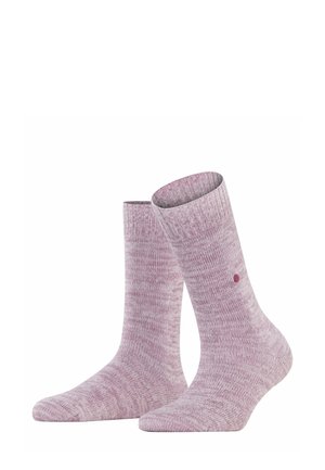 Pair of mid-calf pink and white marled knit socks with a ribbed cuff and a small round logo on one side.
