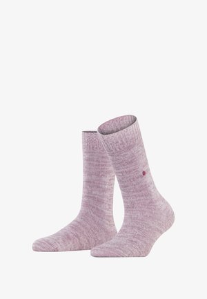 Pair of mid-calf pink and white marled knit socks with a ribbed cuff and a small round logo on one side.
