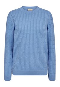 Lichtblauwe gebreide trui met een geribbelde textuur, ronde hals en lange mouwen. Heeft een kabelpatroon en geribbelde manchetten en zoom.