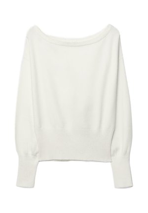 Bela dolgoročna majica z dolgimi rokavi z širokim izrezom, rebrastimi manšetami in rebrastim spodnjim robom, položena na ravni površini na belem ozadju.