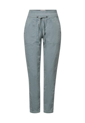 Jogging léger bleu clair, fuselé, avec une taille élastique, un cordon de serrage réglable et deux grandes poches frontales ; texture lisse et design décontracté.